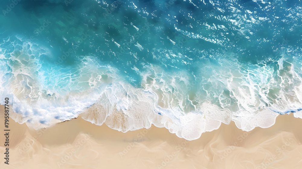 Drone top view at a tropical beach with a bleu ocean, Overhead photo of crashing waves on the shoreline beach. Tropical beach surf.