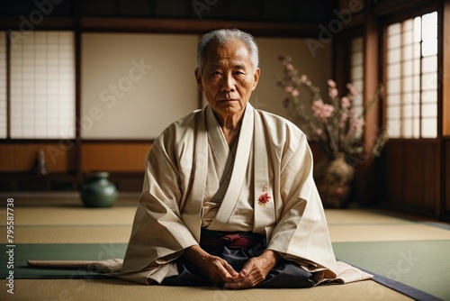 elderly martial art master wearing kimono sitting photo