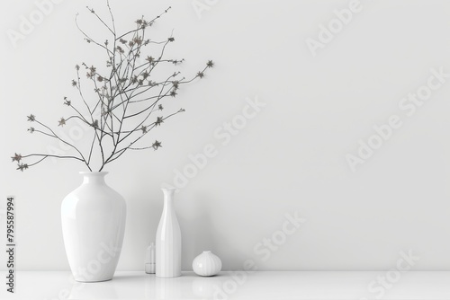 A white vase with a flower in it sits on a table. The vase is surrounded by other white vases and a small object