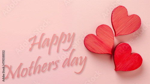 Mothers Day Celebration Banner with three red hearts and the text happy mothers day on light red background