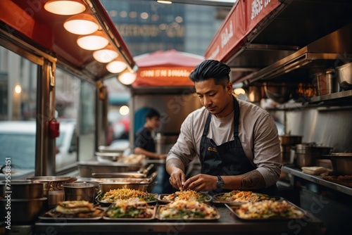 energetic food truck owner preparing and serving