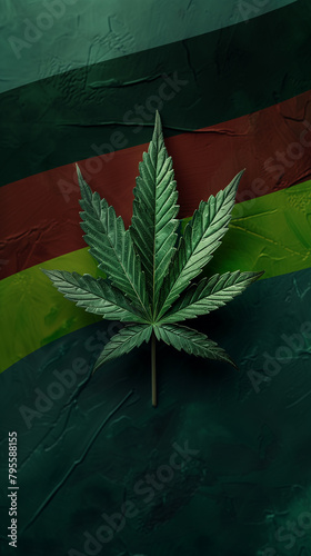 Cannabis leaf in front of a roughly plastered dark green wall with german flag as symbol for german cannabis legalization