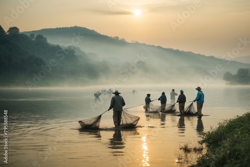 fishermen throwing net fishing in lake on morning photo