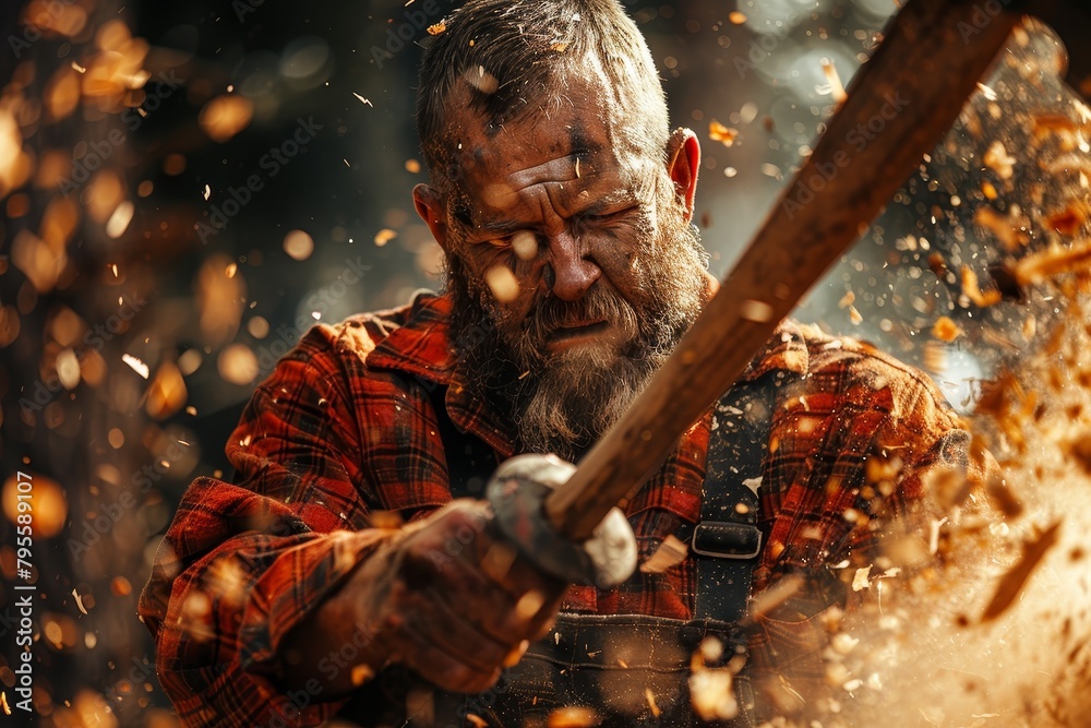 A vivid, action-packed scene of a lumberjack, muscles tensed, as he swings his axe, wood chips bursting through the air, highlighting the power and spirit of traditional forestry A vivid, action-packed scene of a lumberjack, muscles tensed, as he swings his axe, wood chips bursting through the air, highlighting the power and spirit of traditional forestry