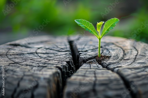 A young plant sprouting through a cracked tree stump, embodying resilience and the unyielding power of nature
