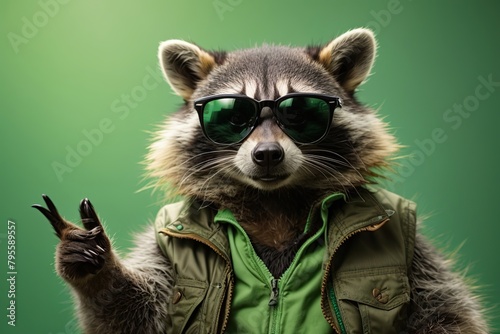 funny raccoon in green sunglasses showing a rock
