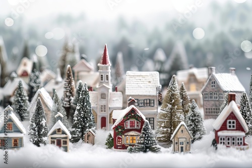 Snowy Christmas village on a soft transparent white canvas, evoking winter wonderland vibes