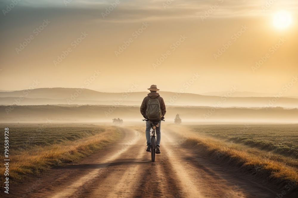 back view of man in a bike to the end of the road