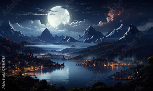 A beautiful painting of a mountain valley at night. The full moon is shining over a lake and there are two towns on the shore. The mountains are in the background and are covered in snow.
