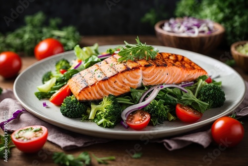 grilled salmon fish fillet and fresh green leafy vegetables