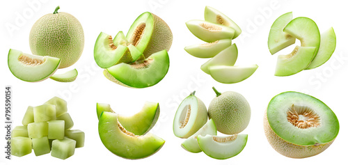 Honeydew muskmelon melon fruit, many angles and view side top front cluster stalk group cut isolated on transparent background cutout, PNG file. Mockup template for artwork graphic design	
