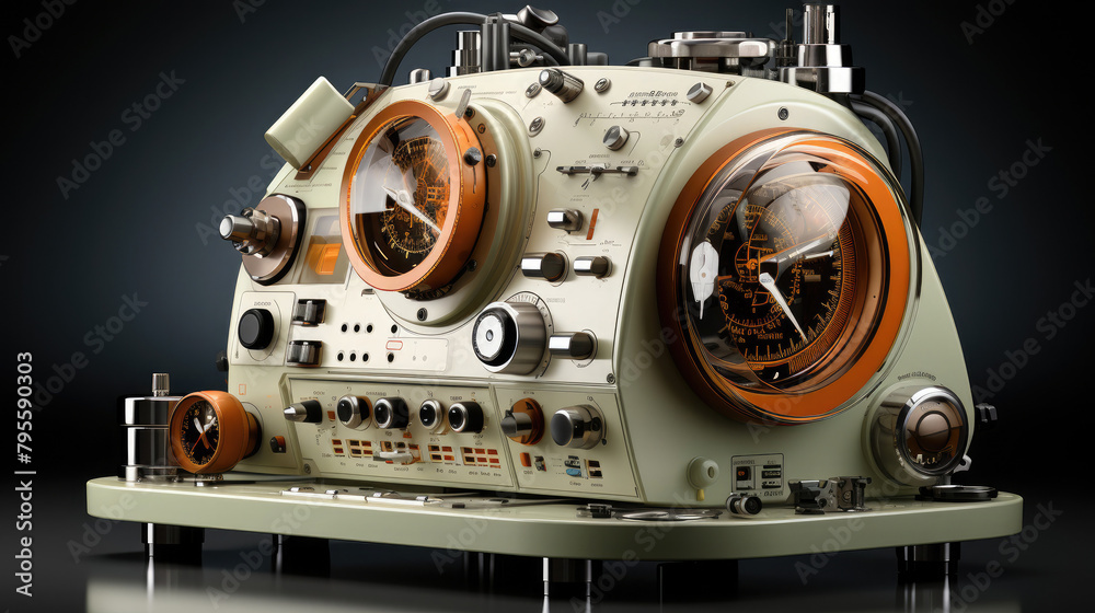 A retrofuturistic control panel with lots of buttons, knobs, and switches. A retrofuturistic control panel with lots of buttons, knobs, and switches.