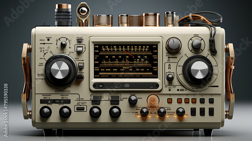 A retrofuturistic shortwave radio receiver with glowing nixie tubes and a brushed metal finish.