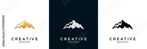 Mountain peak summit logo design. Outdoor hiking adventure icon set. Alpine wilderness travel symbol. Vector illustration.