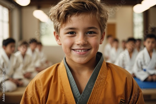 Happy European boy at Judo or Karate training lesson