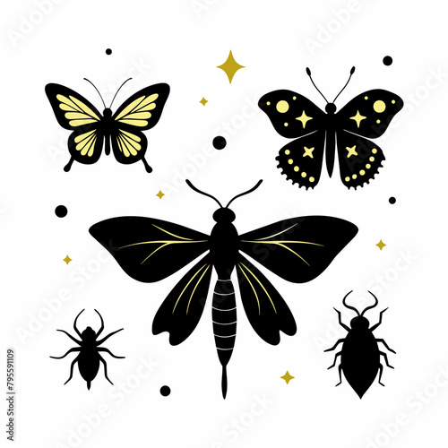 Butterfly, ink silhouettes. Glowworms, fireflies and butterflies icons isolated on white background