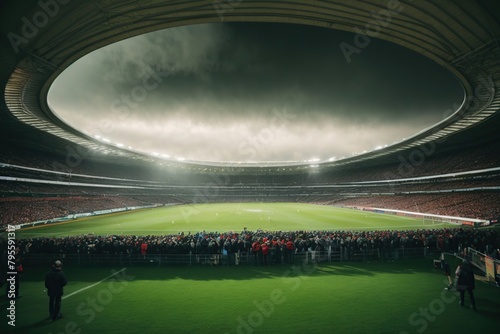 huge rugby stadium with fans and green grass