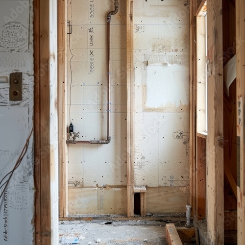 A room with a pipe running through it and a white wall