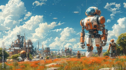 Orange robot exploring a vibrant field of flowers in a futuristic cityscape