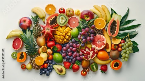 Fototapeta Naklejka Na Ścianę i Meble -  A colorful assortment of fruits and s, including bananas, oranges, and strawberries. Concept of abundance and freshness, showcasing the variety of healthy foods available