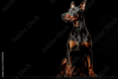 Dobermann Pinscher dog, The Dobermann Pinscher dog sits on the floor, 100% black studio background, slight down angle, studio lighting, full body shot, ultra realistic
