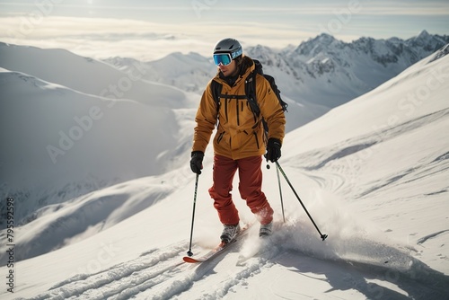 Man off piste skiing photo