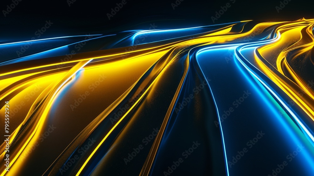 Blue and yellow neon light streams flowing on a textured surface. Blue and yellow neon light streams flowing on a textured surface.