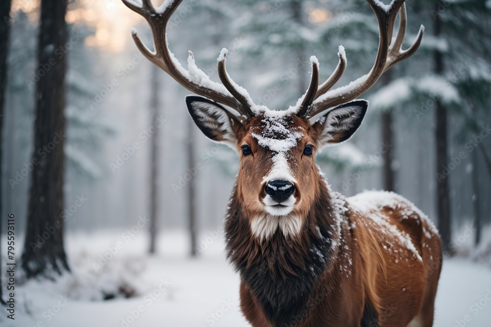 noble deer male in winter snow forest Artistic winter noble deer male in winter snow forest Artistic winter