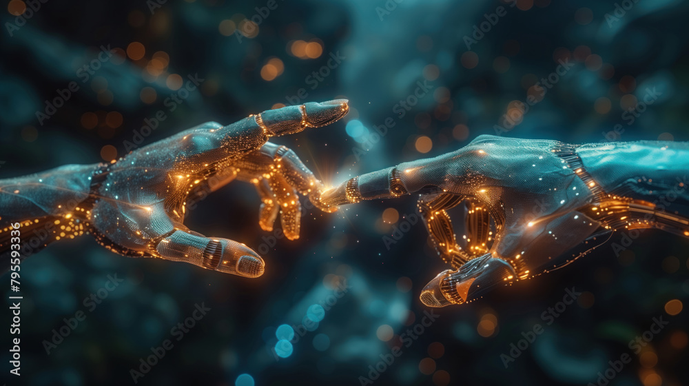 Two digital robotic hands try to touch to each other on the blurred ...