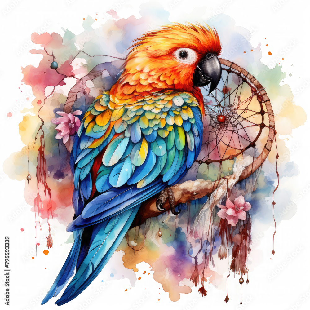 Obraz premium Watercolor Parrot & Dreamcatcher Illustration, Generative Ai