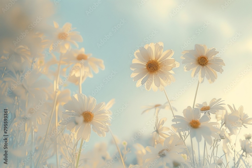 Group of Daisies in Field With Blue Sky