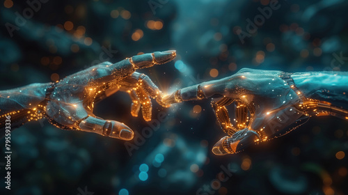 Two digital robotic hands try to touch to each other on the blurred lights background  artificial intelligence concept