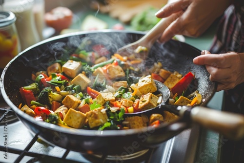 Woman cooking a vegetable stir-fry with tofu and brown rice, a plant-based and nutritious meal