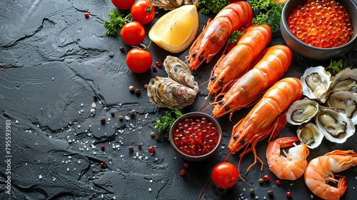 Beautiful seafood with vegetables and herbs on a dark stone background. Food advertising. Banner, menu.