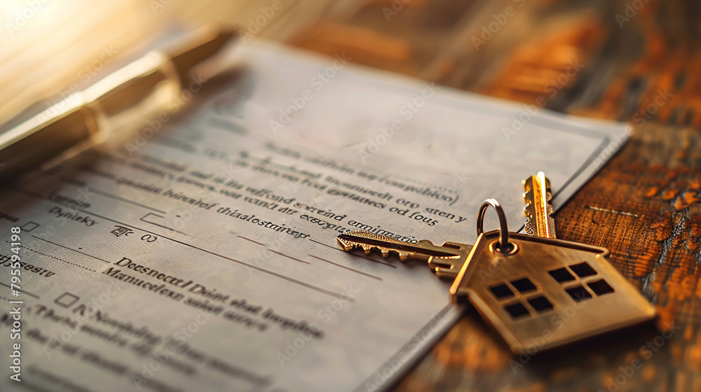 Warm-toned detailed lease document with metal house-shaped keychain on wooden surface Warm-toned detailed lease document with metal house-shaped keychain on wooden surface