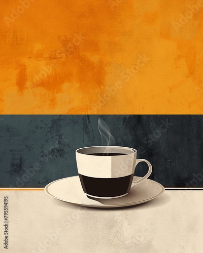 A modern coffee poster, with sleek lines and bold colors, highlighting the art of brewing coffee and the sophistication of enjoying a cup in a contemporary tea restaurant setting 8K , high-resolution, photo