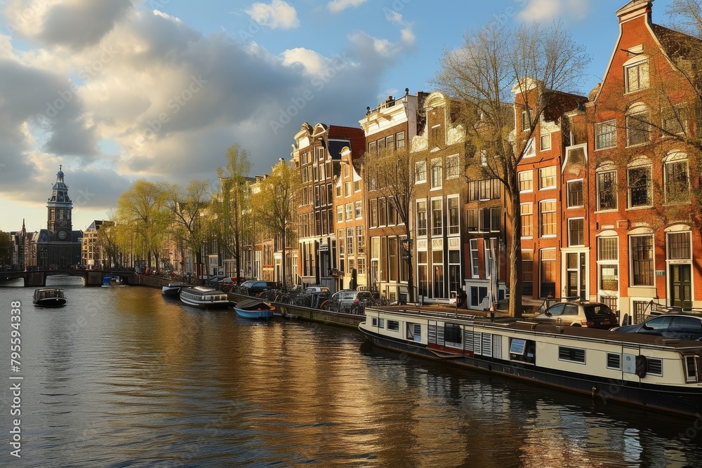  Scenery of Amsterdam skyline with its typical canal houses,  Ai generated