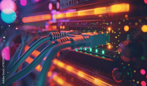 A closeup of a network switch with colorful data cables connecting it to other equipment, set against the backdrop of digital lights and shadows Generative AI