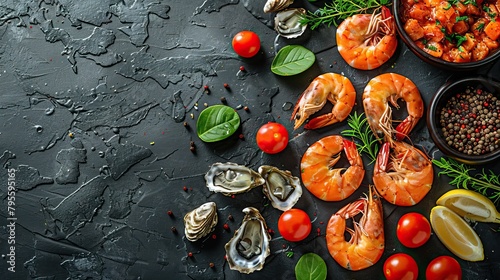 Beautiful seafood with vegetables and herbs on a dark stone background. Food advertising. Banner, menu.