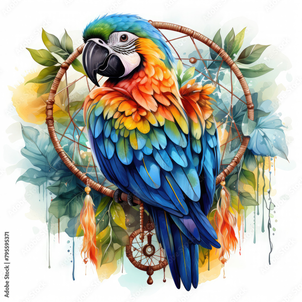 Obraz premium Watercolor Parrot & Dreamcatcher Illustration, Generative Ai