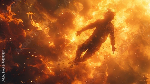 Dramatic silhouette of a person diving through an intense fiery explosion in mid-air
