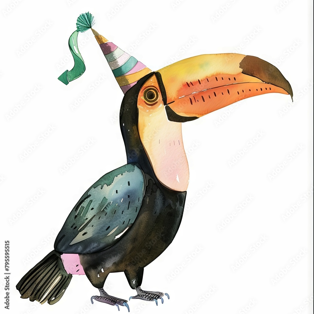 Naklejka premium Minimalist Watercolor Toucan in Party Hat A Vibrant for Lively Decor