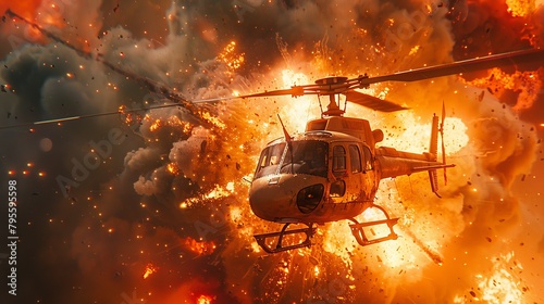Skilled pilot maneuvers a helicopter amidst explosive flames