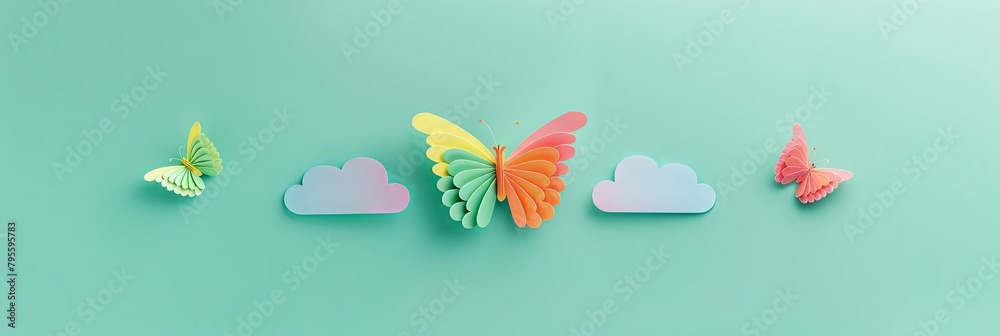 Pastel Cutout Paper Collage with Vibrant Butterfly and Soft Clouds on Mint Green Background
