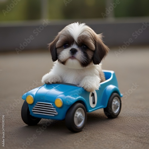 shih tzu puppy driving a toy car