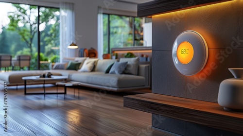 Smart thermostat glowing on wall in a modern living room with stylish furniture and large windows