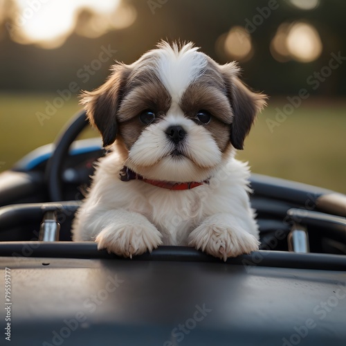 shih tzu puppy in a car