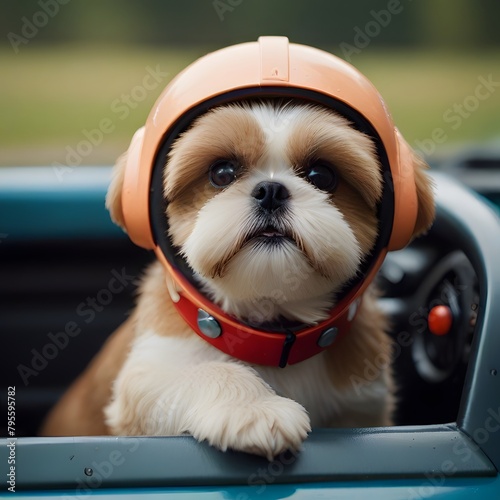 puppy dog wearing a helmet in a car