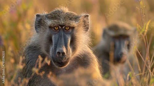 Close-Up of Baboons in a Golden Field at Sunset: Wildlife Photography