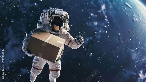 astronaut delivering cardboard box in outer space creative delivery service concept photo